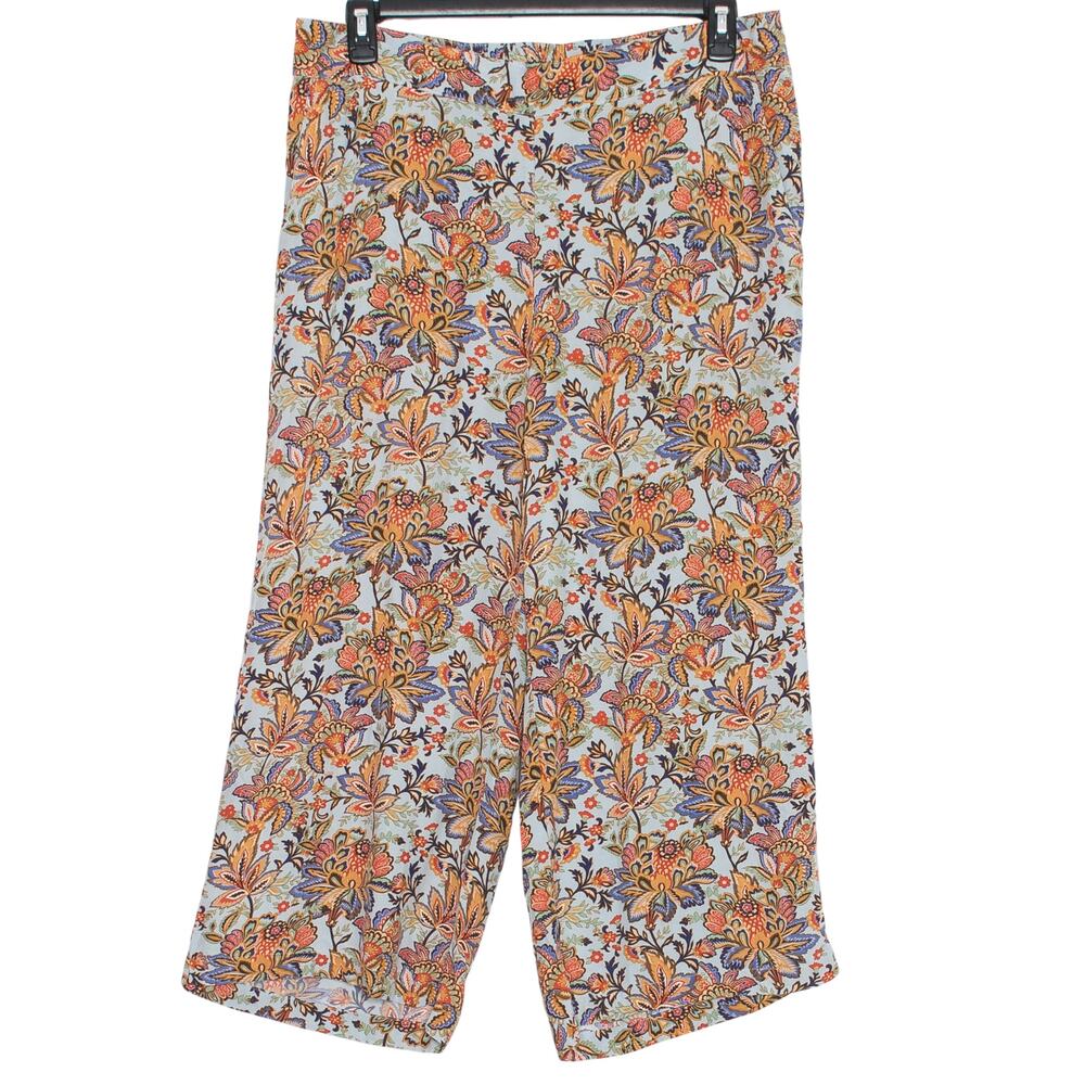 Tahari Pants Wide Leg Floral Pull On Blue Plus Size 1X Crop Boho Cottagecore Art